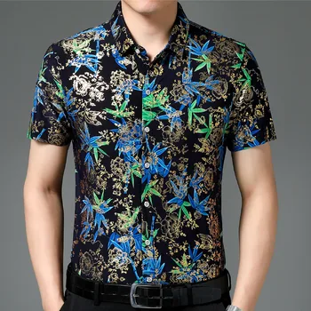 Гавайский Стиль, Повседневные Рубашки из 80% Шелка, Мужские Рубашки с коротким рукавом с обеих сторон, Китайский Национальный Цветок 2023, Пляжная летняя одежда