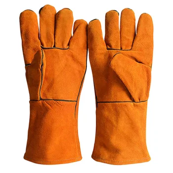 Длинные кожаные сварочные перчатки, двухслойные кожаные утолщенные износостойкие перчатки для защиты труда при высоких температурах