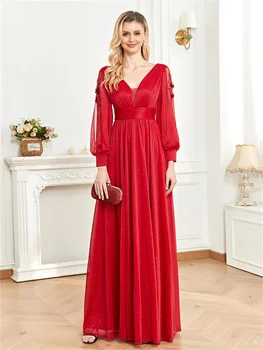 Длинные рукава, блестящие побрякушки, длина до пола, фатиновое вечернее платье с разрезом, Красное платье с открытой спиной