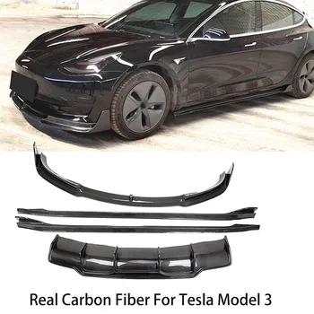 Для Tesla Модель 3 2019 2020 2021 2022 Настоящий Карбоновый Диффузор Для Передних И Задних Губ, Бампер, Спойлер, Боковая Юбка, Комплект Автоаксессуаров