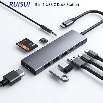 Док-станция 9 В 1 USB C с 4K 2 * HDMI-совместимым разъемом RJ45/ 3 * USB 3.0/USB-C/2 * PD Type C для ноутбука Macbook