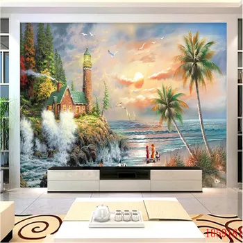 Европейский стиль Дом Томас Пейзаж Фреска Обои 3D Море Кокосовые пальмы Картина маслом 3D Фотообои для Гостиной