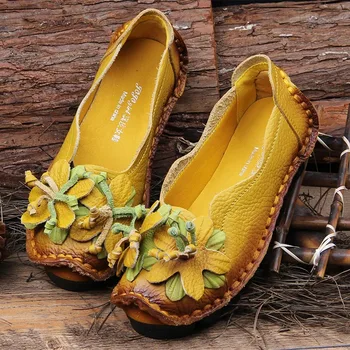 Желтые мокасины, женская обувь ручной работы в стиле ретро, 2023, лоферы с цветочным узором, женская обувь из натуральной кожи