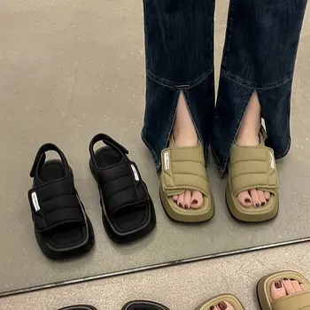 Женская обувь на низком каблуке, Черные женские босоножки на платформе, Лето 2023, Открытый носок, Повседневная уличная обувь в Корее