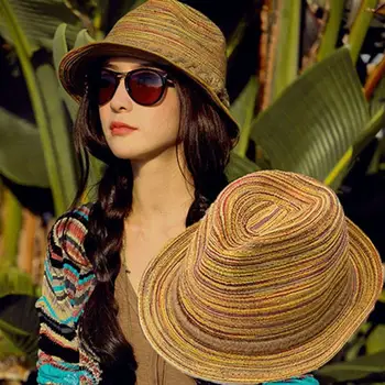 Женские летние соломенные шляпы в богемном стиле, складная полосатая плетеная веревка, пляжная шляпа от солнца, кепка для путешествий с защитой от ультрафиолета, женская кепка сомбреро 밀짚모자