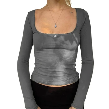 Женский модный укороченный топ с длинным рукавом и квадратным вырезом, блузки, однотонные кружевные лоскутные футболки с милым цветком, повседневные облегающие футболки