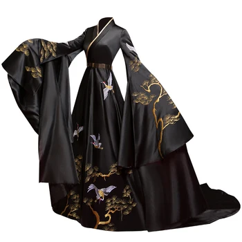 Женское платье для выступлений в китайском стиле, сценический темперамент, черное вечернее платье с шлейфом
