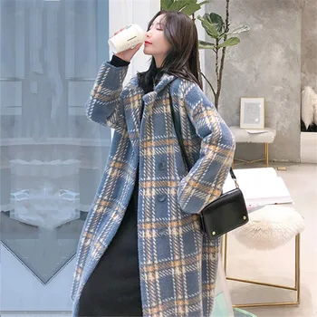 Женское полосатое клетчатое пальто из кашемировой шерсти с имитацией норки 2022, Осенне-зимнее Корейское Модное Свободное повседневное теплое пальто с лацканами