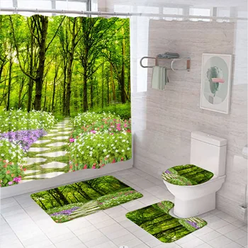 Зеленый лес, полевые цветы, Набор Занавесок для душа, Садовая дорожка, Декоративный экран, Декор для ванной комнаты, Противоскользящий коврик, крышка для унитаза, коврик для ванной