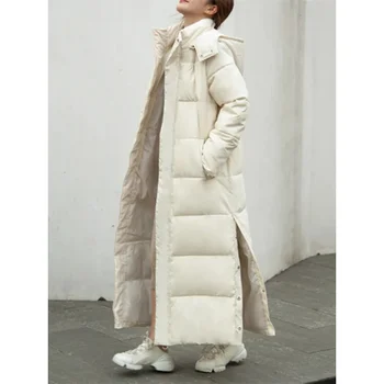 Зимнее Длинное женское пуховое хлопковое зимнее пальто с капюшоном, утепленные теплые куртки с разрезом по бокам, Новые Свободные мягкие