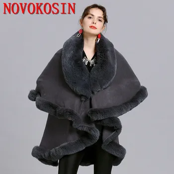 Зимняя толстая черно-серая шаль из искусственного кроличьего меха, накидка на шею, Теплый Длинный кардиган-пончо в 2 слоя, Женское Свободное уличное пальто