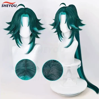 Игра Genshin Impact Косплей Сяо Парик 40 см Короткие Зеленые Волосы С кольцом-наклейкой Термостойкие Синтетические вечерние Аниме Парики + шапочка