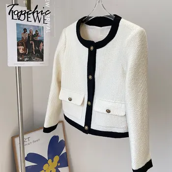 Классическая Белая Черная куртка в стиле пэчворк для женщин 2023, Осень-зима, Короткая куртка с круглым вырезом, Корейская новинка, Верхняя одежда
