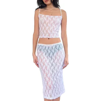 Комплект женской юбки с прозрачными кружевными бретельками-спагетти и летней юбкой Миди с низкой талией