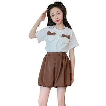 Комплект одежды для девочек, Летние Модные Топы с бантом + шорты, 2 предмета, черный, Хаки, Хлопковый повседневный костюм корейской принцессы для подростков