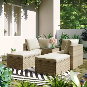 Комплект секционных диванов из плетеного ротанга из 5 предметов, набор уличной мебели для патио, коричневый и бежевый