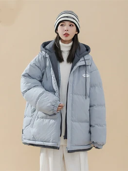 Корейские модные однотонные пальто с хлопковой подкладкой из двух предметов с капюшоном, женские зимние Свободные толстые куртки 2022, Женская повседневная хлопковая одежда