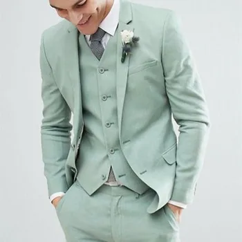 Костюм Homme, Светло-зеленые Мужские костюмы, 3 предмета, Модный Свадебный Блейзер для Жениха, Terno Masculino, приталенный Блейзер (куртка + Брюки + Жилет)