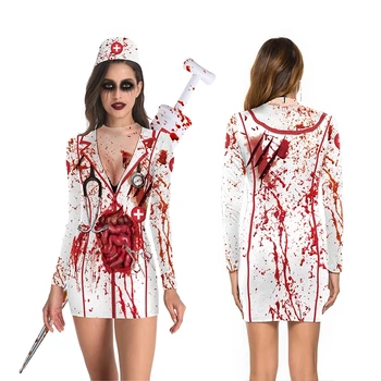 Кровавый костюм медсестры, костюмы ужасов на Хэллоуин, вечернее платье Зомби, Косплей, сексуальное женское платье с круглым вырезом и длинным рукавом, женское платье с принтом