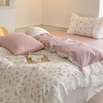 Кружевной комплект постельного белья с принтом Добби, рюшами, цветочный нежный хлопковый комплект постельного белья королевы, простые простыни, стеганое одеяло, постельное белье принцессы