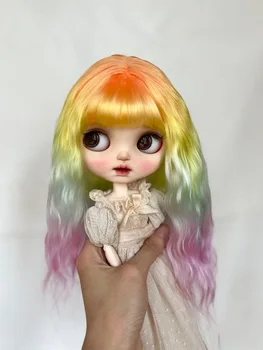 Кукольные парики для Blythe Qbaby из натурального мохера Ослепительные радужные локоны жесткие швы для головы 9-10 дюймов