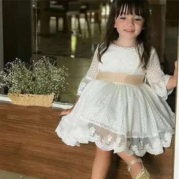 Летние наряды для новорожденных, прозрачное платье принцессы с круглым вырезом и рукавами-мандаринками в белый горошек для маленьких девочек 1-6 лет