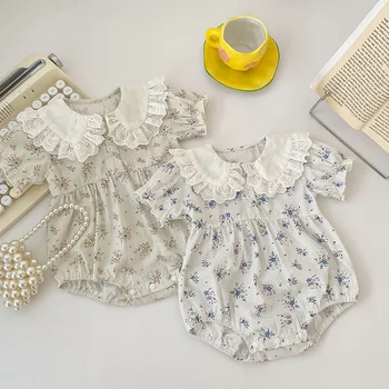 Летний Комбинезон для новорожденных девочек, Хлопковый комбинезон с короткими рукавами и цветочным принтом для малышей, Комбинезон для маленьких девочек 0-24 м, одежда для маленьких девочек