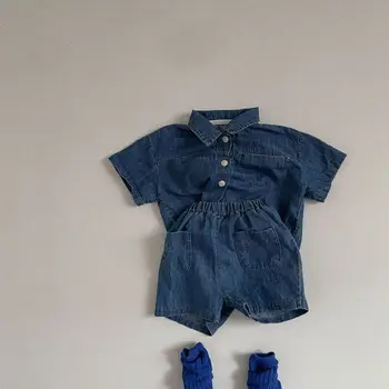 Летняя крутая джинсовая футболка для мальчиков и девочек, хлопковые шорты, комплект из двух предметов, Детский летний повседневный комплект в тонком западном стиле