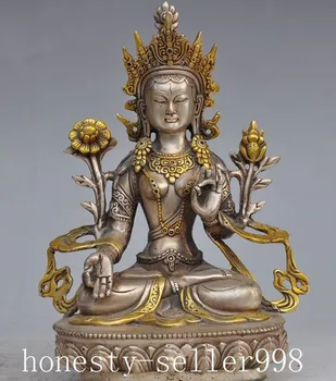 медь H 230 мм, Украшенная тибетским серебром, Буддизм, Белая Статуя богини Будды Тары, оптовая Продажа, настоящее серебро, Латунь