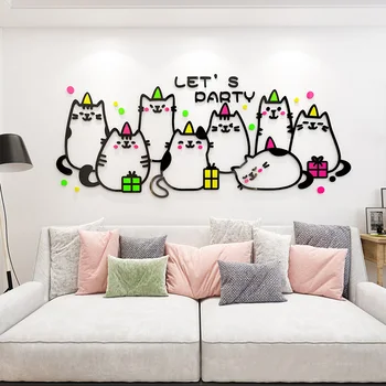 Милый Кот, 3D Акриловые наклейки на стену, трехмерные мультяшные аксессуары для дома, обои 