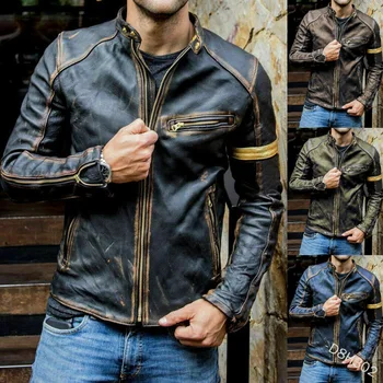 Модная мужская куртка из искусственной кожи, молодежная куртка со стоячим воротником, Уличная одежда в стиле панк, Осенняя Повседневная