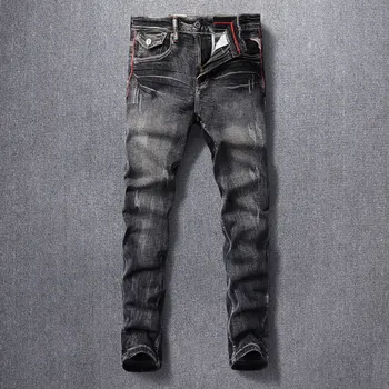 Модные дизайнерские мужские джинсы в стиле ретро, черные, серые, Эластичные, облегающие Рваные джинсы, Мужские повседневные брюки, Винтажные джинсовые брюки Hombre