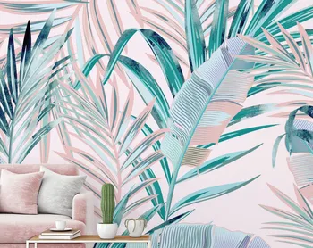 Модные обои с цветочным рисунком и тропическими пальмовыми листьями, нежно-розовые настенные росписи с тропическими листьями