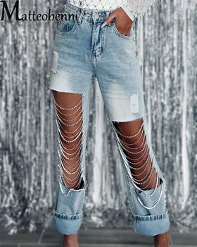 Модные прямые джинсы с открытой цепочкой, женская трендовая повседневная уличная одежда, Женские джинсовые брюки на пуговицах со средней талией