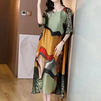 Модный круглый вырез с геометрическим принтом, Короткий рукав в тайском стиле, Летний пуловер свободного кроя, Прямые платья до середины икры, женские
