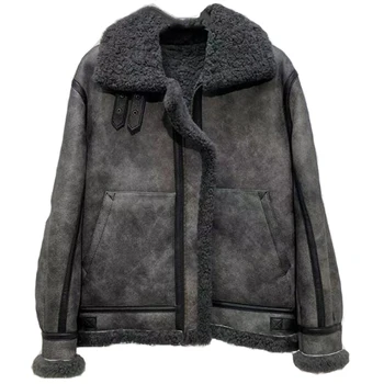 Мужская куртка-бомбер из овечьей шерсти Denny & Dora, Серое кожаное пальто Jachet из натурального меха, мужские пальто