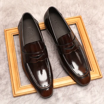 Мужская Официальная обувь, Итальянские Лоферы из натуральной кожи, Мужские Черно-Коричневые модельные туфли, Свадебные Туфли-броги Без Застежки, Мужские Оксфорды