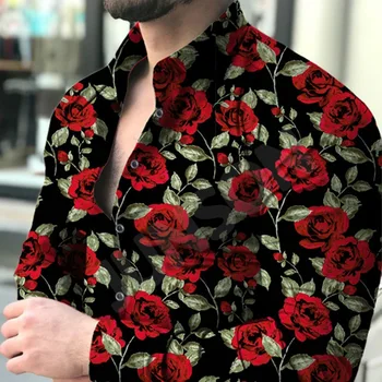 Мужская повседневная рубашка с отворотом и принтом розы