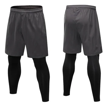 Мужские брюки для фитнеса, поддельные двойки, облегающие тренировочные Эластичные Быстросохнущие Леггинсы для бега, Спортивные Велосипедные повседневные брюки