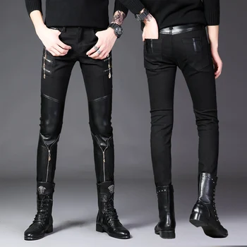 Мужские джинсовые брюки, Роскошные модные корейские джинсы в стиле пэчворк на молнии, хип-хоп, уличная одежда, Мотоциклетные джинсы, Обтягивающие черные повседневные брюки для мужчин