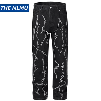 Мужские Модные Черные джинсы, Роскошные Дизайнерские Прямые Джинсовые Брюки с вышивкой на Молнии, Джинсовые Брюки