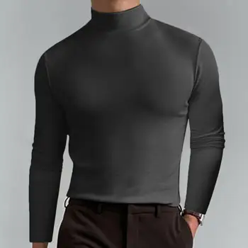 Мужской базовый топ, однотонный пуловер с высоким воротником, базовая приталенная Повседневная осенняя базовая футболка для фитнеса, для работы