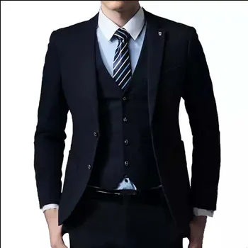 Мужской костюм с индивидуальным дизайном, темно-синий, комплект из 3 предметов, приталенный мужской блейзер, деловой повседневный мужской костюм, комплект из 3 предметов