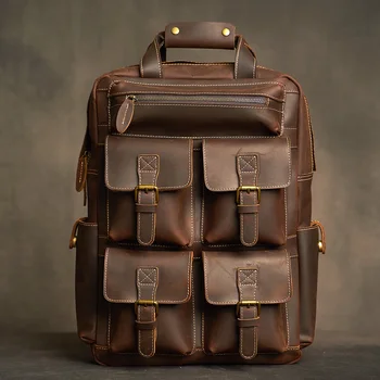 Мужской рюкзак из натуральной кожи, Винтажная сумка, рюкзак для путешествий, фитнес-сумка, рюкзак для ноутбука, школьный ранец для ноутбука 17 дюймов