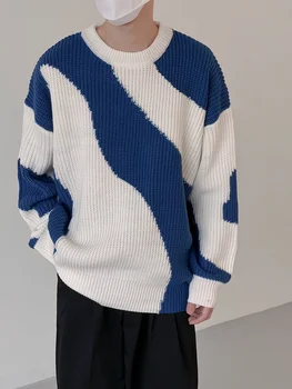 Мужской свитер в корейском стиле контрастного цвета с круглым вырезом, Свободный вязаный топ для подростков, осенне-зимний модный повседневный пуловер