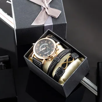 Наручные часы Браслеты 3шт Мужские Часы Кварцевые Часы Мужские Роскошные Деловые наручные часы Relogio Masculino С Кожаным браслетом