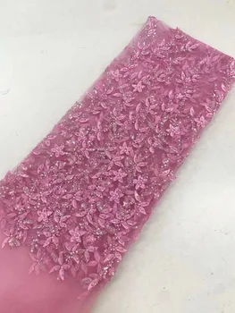 Нигерийская ткань из бисерной трубки 2023 Розового Цвета, Высококачественная Роскошная вышивка Ручной работы, Тяжелая кружевная ткань из бисера, Свадебное платье