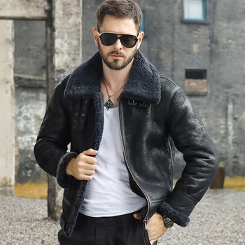 Новая дубленка, мужская куртка-бомбер B3, черная кожаная куртка, короткая меховая куртка, Мужское зимнее шерстяное пальто