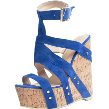 Новейшая женская обувь на танкетке, босоножки на платформе и высоком каблуке, женская летняя синяя обувь с открытым носком, женская обувь больших размеров, sapatos feminino