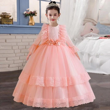 Новое Вечернее платье из тюля с длинными рукавами, Элегантное платье для девочек, Молодежное свадебное платье подружки невесты, платье принцессы от 4 до 14 лет